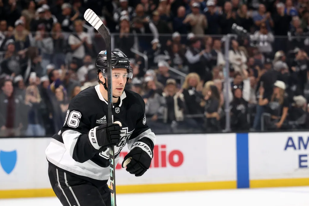 Feb 4, 2026; Los Angeles, California, USA; Los Angeles Kings left wing Andrei Kuzmenko (96) skates back to the bench after scoring a goal during the second period against the Seattle Kraken at Crypto.com Arena. Mandatory Credit: Kiyoshi Mio-Imagn Images