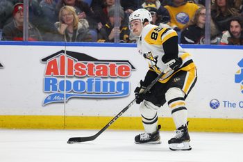 Feb 5, 2026; Buffalo, New York, USA;  Pittsburgh Penguins right wing Avery Hayes (85)  looks to make a pass during the third period against the Buffalo Sabres at KeyBank Center. Mandatory Credit: Timothy T. Ludwig-Imagn Images