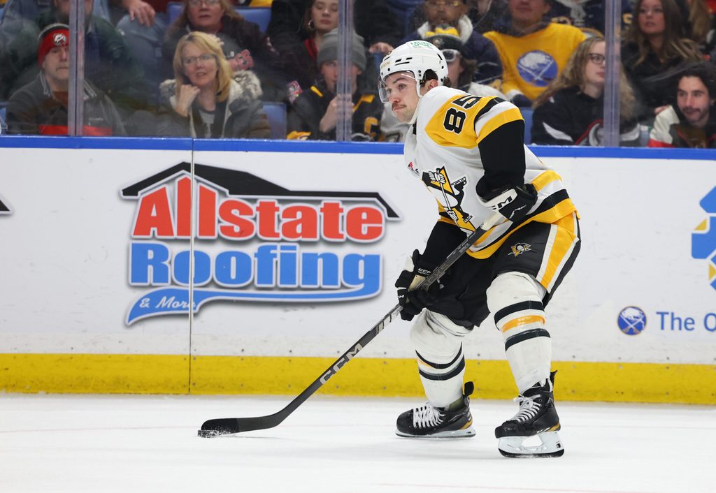 Feb 5, 2026; Buffalo, New York, USA; Pittsburgh Penguins right wing Avery Hayes (85) looks to make a pass during the third period against the Buffalo Sabres at KeyBank Center. Mandatory Credit: Timothy T. Ludwig-Imagn Images