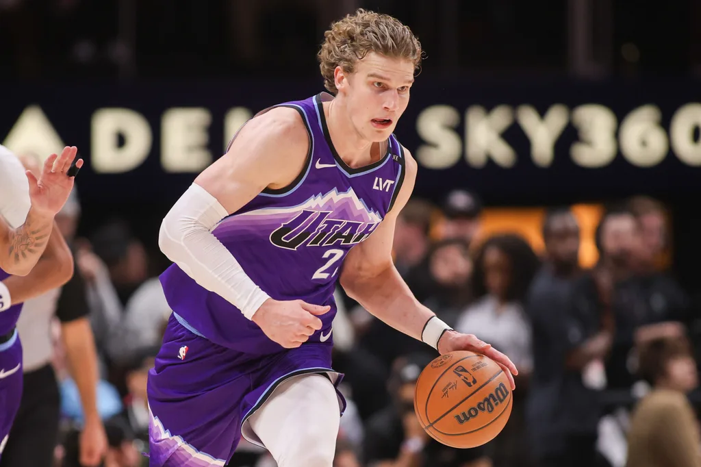 Feb 5, 2026; Atlanta, Georgia, USA; Utah Jazz forward Lauri Markkanen (23) dribbles against the Atlanta Hawks in the third quarter at State Farm Arena. Mandatory Credit: Brett Davis-Imagn Images