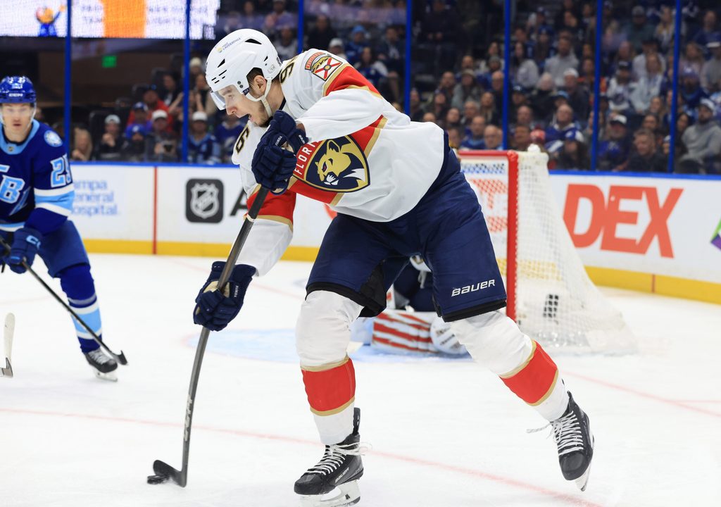 Feb 5, 2026; Tampa, Florida, USA; Florida Panthers defenseman Mikulas Hovorka (96) passes against the Tampa Bay Lightning during the third period at Benchmark International Arena. Mandatory Credit: Kim Klement Neitzel-Imagn Images