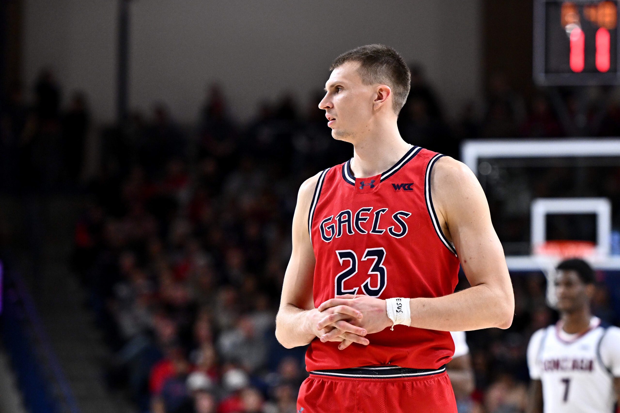 Jan 31, 2026; Spokane, Washington, USA; Saint Mary's Gaels forward Paulius Murauskas (23) looks on during a game against the Gonzaga Bulldogs in the second half at McCarthey Athletic Center. Mandatory Credit: James Snook-Imagn Images