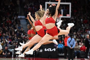 Feb 5, 2026; Toronto, Ontario, CAN; Members of the Toronto Raptors dance team perform during a time out against the Chicago Bulls at Scotiabank Arena. Mandatory Credit: Dan Hamilton-Imagn Images