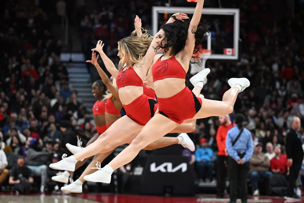 Feb 5, 2026; Toronto, Ontario, CAN; Members of the Toronto Raptors dance team perform during a time out against the Chicago Bulls at Scotiabank Arena. Mandatory Credit: Dan Hamilton-Imagn Images