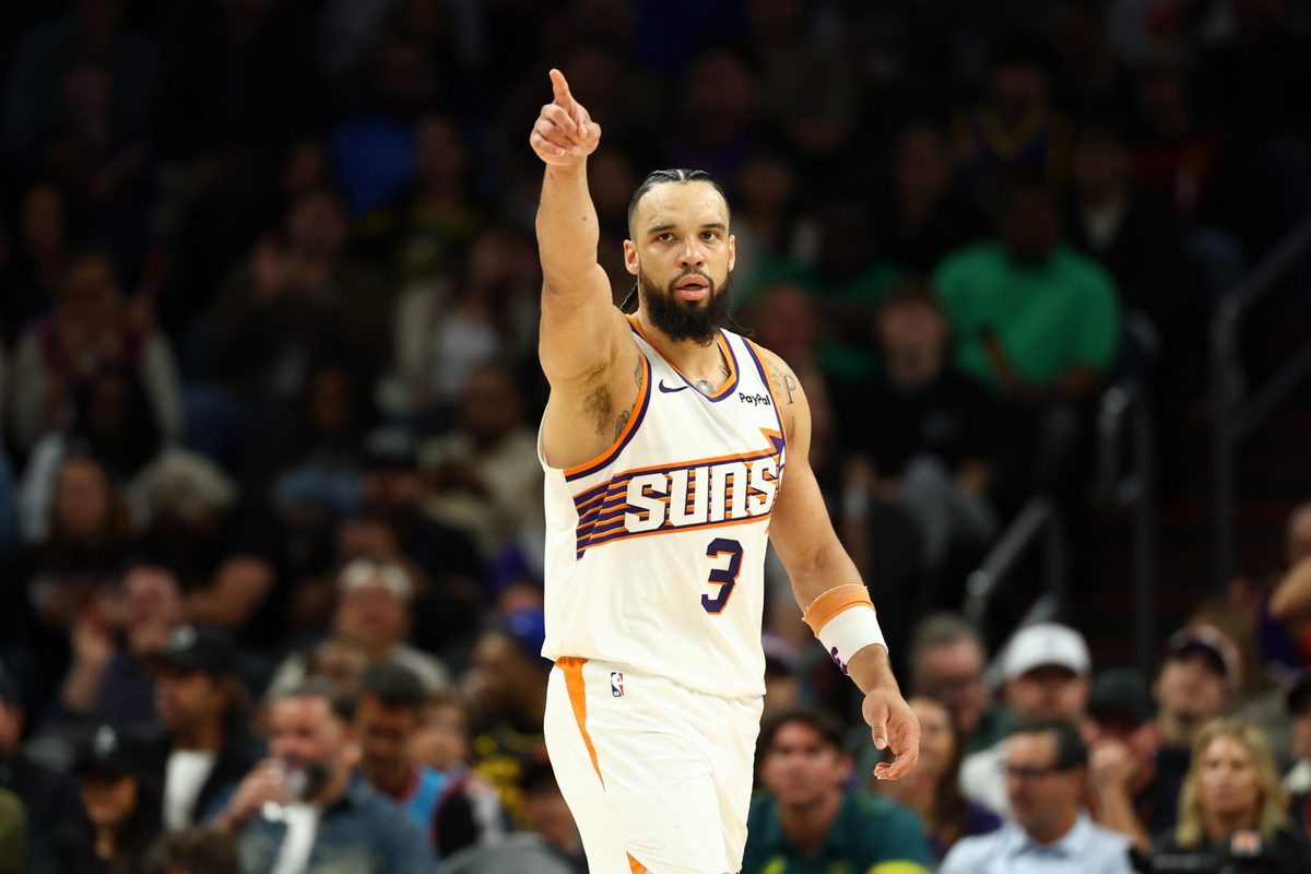 Feb 5, 2026; Phoenix, Arizona, USA; Phoenix Suns forward Dillon Brooks (3) reacts against the Golden State Warriors in the second half at Mortgage Matchup Center. Mandatory Credit: Mark J. Rebilas-Imagn Images