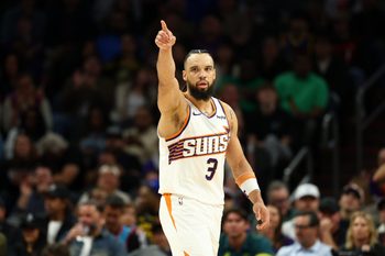 Feb 5, 2026; Phoenix, Arizona, USA; Phoenix Suns forward Dillon Brooks (3) reacts against the Golden State Warriors in the second half at Mortgage Matchup Center. Mandatory Credit: Mark J. Rebilas-Imagn Images