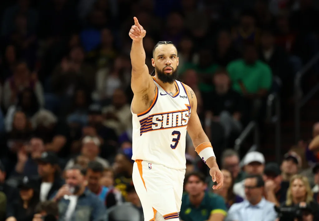 Feb 5, 2026; Phoenix, Arizona, USA; Phoenix Suns forward Dillon Brooks (3) reacts against the Golden State Warriors in the second half at Mortgage Matchup Center. Mandatory Credit: Mark J. Rebilas-Imagn Images