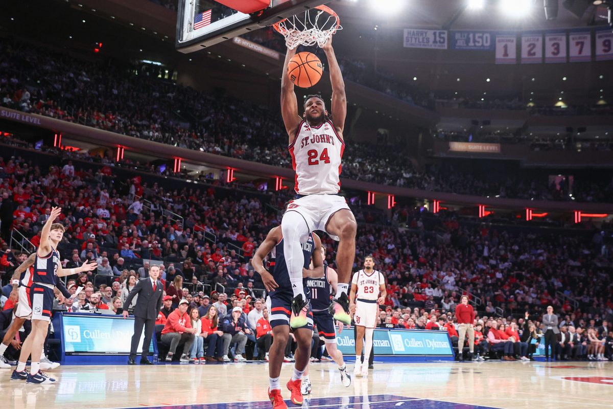 Feb 6, 2026; New York, New York, USA;  St. John's Red Storm forward Zuby Ejiofor (24) dunks in the second half against the UConn Huskies at Madison Square Garden. Mandatory Credit: Wendell Cruz-Imagn Images