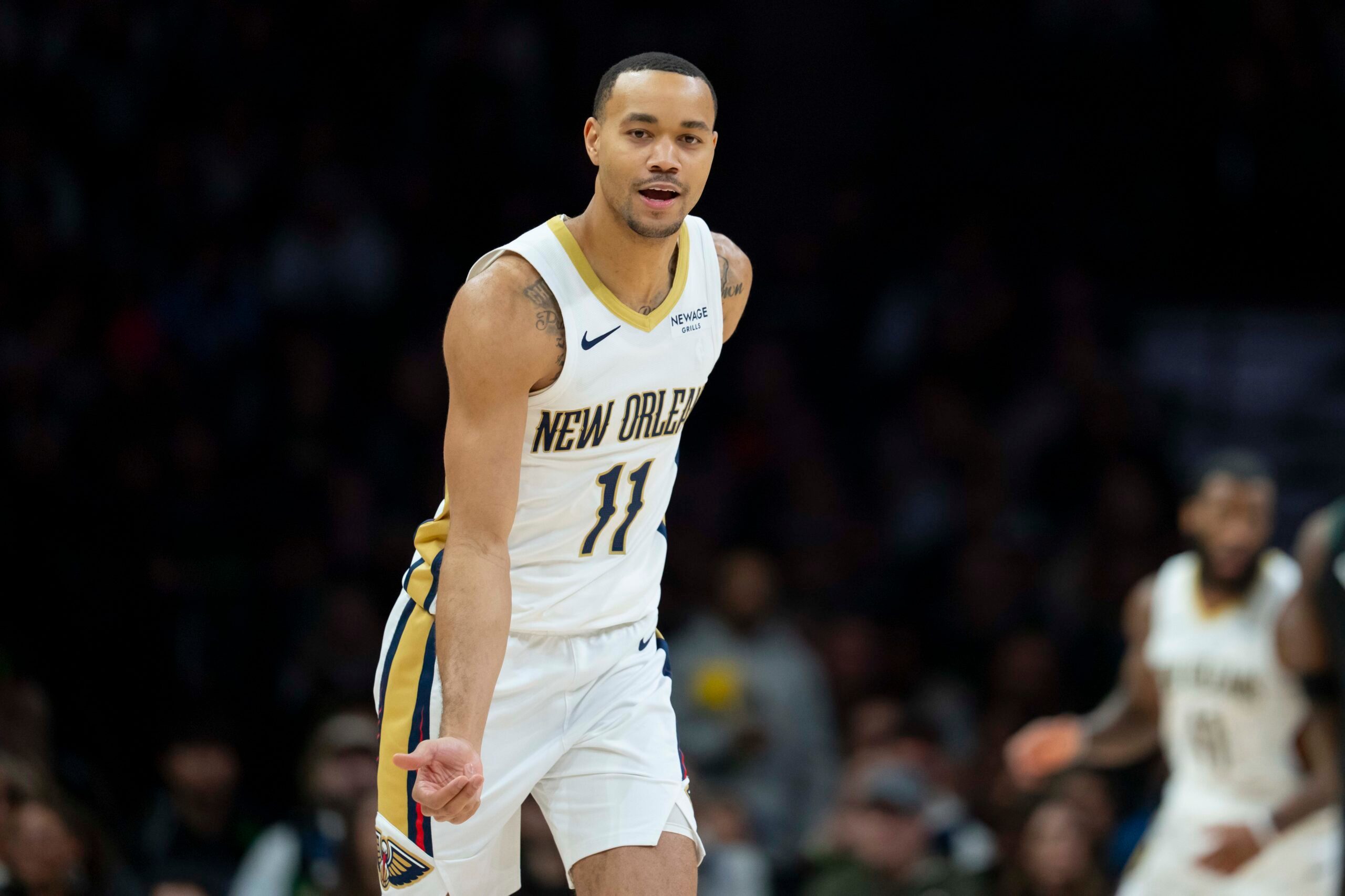 Feb 6, 2026; Minneapolis, Minnesota, USA; New Orleans Pelicans guard Bryce McGowens (11) celebrates making a three point shot against the Minnesota Timberwolves in the second half at Target Center. Mandatory Credit: Jesse Johnson-Imagn Images
