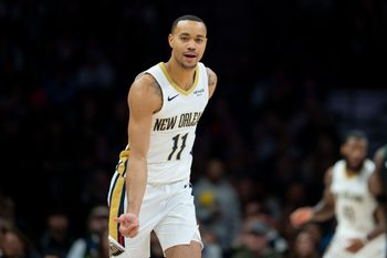 Feb 6, 2026; Minneapolis, Minnesota, USA; New Orleans Pelicans guard Bryce McGowens (11) celebrates making a three point shot against the Minnesota Timberwolves in the second half at Target Center. Mandatory Credit: Jesse Johnson-Imagn Images