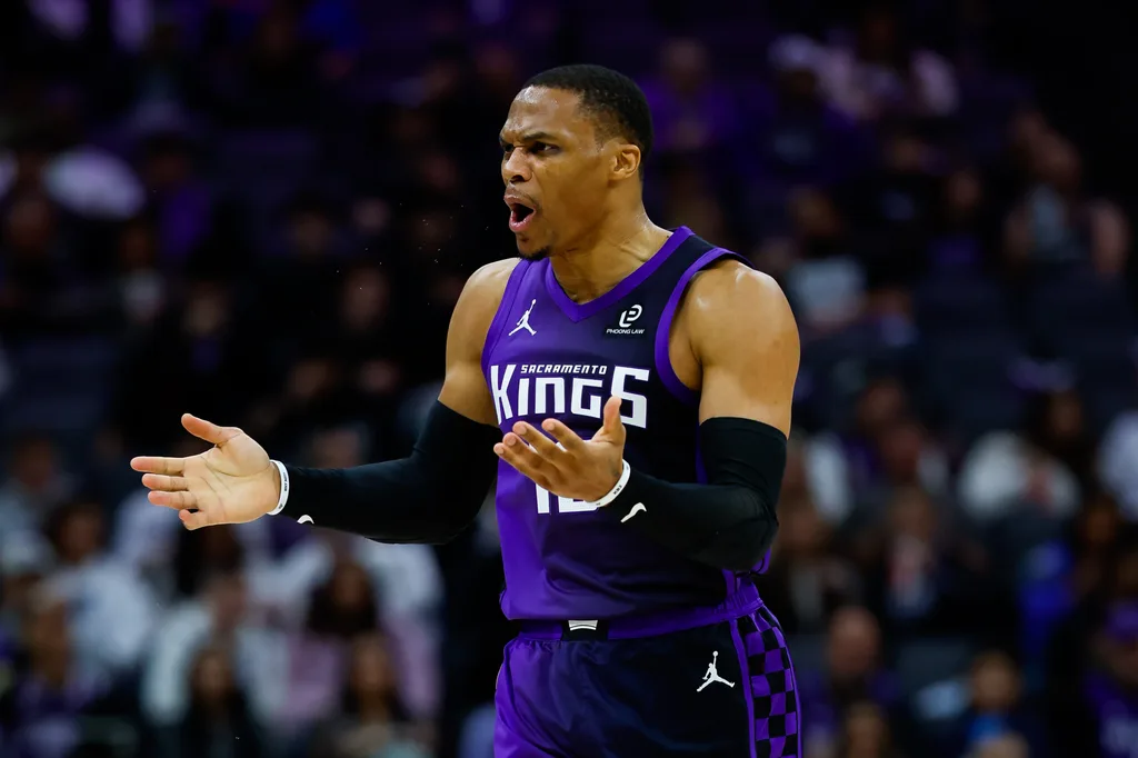 Feb 6, 2026; Sacramento, California, USA; Sacramento Kings guard Russell Westbrook (18) reacts after a play during the third quarter against the Los Angeles Clippers at Golden 1 Center. Mandatory Credit: Sergio Estrada-Imagn Images