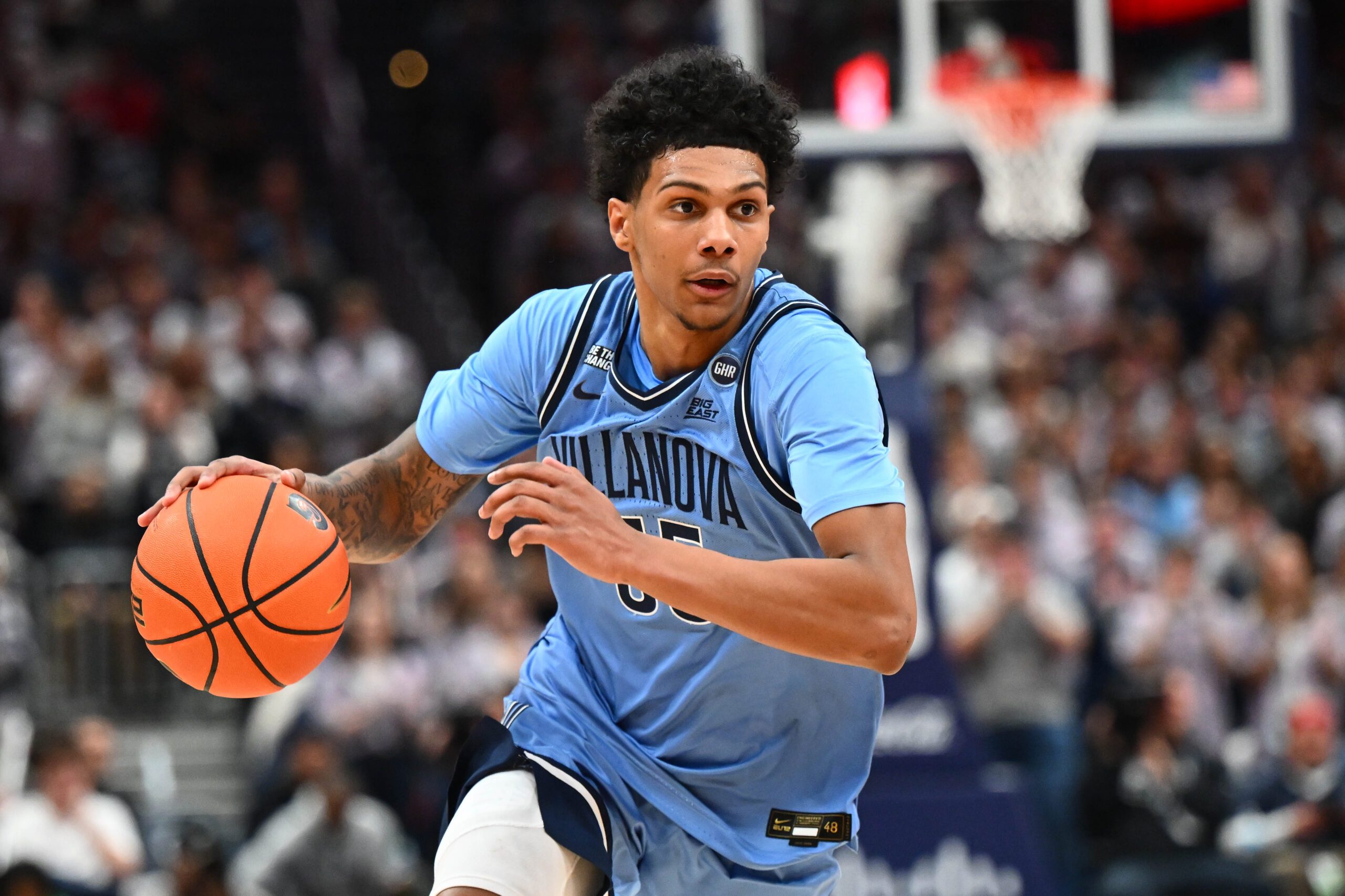 Feb 7, 2026; Washington, District of Columbia, USA; Villanova Wildcats guard Acaden Lewis (55) dribbles against the Georgetown Hoyas during the first half at Capital One Arena. Mandatory Credit: Brad Mills-Imagn Images