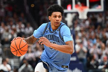 Feb 7, 2026; Washington, District of Columbia, USA; Villanova Wildcats guard Acaden Lewis (55) dribbles against the Georgetown Hoyas during the first half at Capital One Arena. Mandatory Credit: Brad Mills-Imagn Images