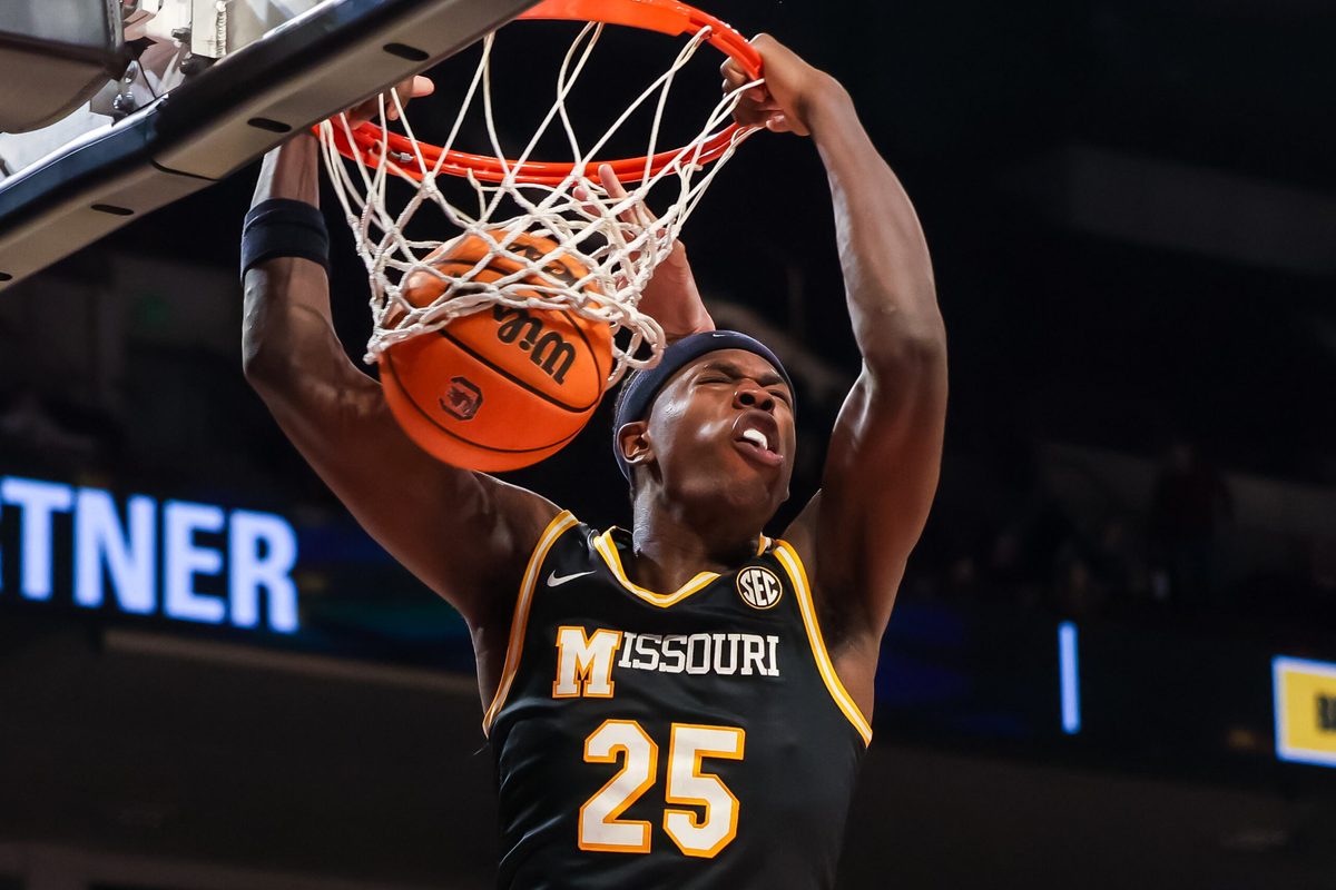 Feb 7, 2026; Columbia, South Carolina, USA; Missouri Tigers forward Mark Mitchell (25) dunks against the South Carolina Gamecocks in the second half at Colonial Life Arena. Mandatory Credit: Jeff Blake-Imagn Images