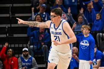 Feb 7, 2026; St. Louis, Missouri, USA;  Saint Louis Billikens center Robbie Avila (21) reacts after making a three point shot against the La Salle Explorers during the second half at Chaifetz Arena. Mandatory Credit: Jeff Curry-Imagn Images