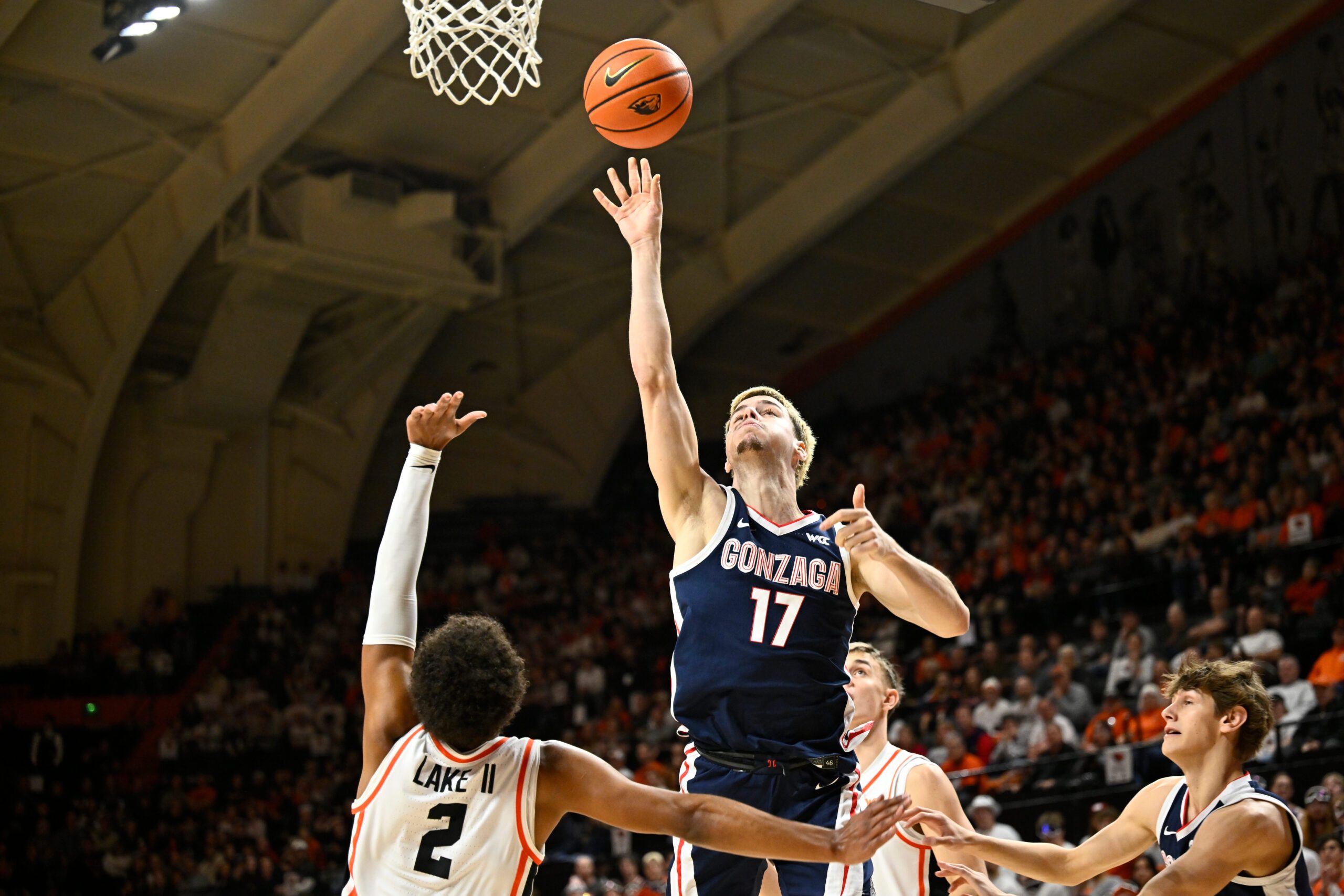 Feb 7, 2026; Corvallis, Oregon, USA; Gonzaga Bulldogs guard Mario Saint-Supery (17) shoots the ball over Oregon State Beavers guard Josiah Lake II (2) during the first half at Gill Coliseum. Mandatory Credit: Craig Strobeck-Imagn Images