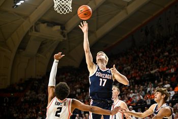 Feb 7, 2026; Corvallis, Oregon, USA; Gonzaga Bulldogs guard Mario Saint-Supery (17) shoots the ball over Oregon State Beavers guard Josiah Lake II (2) during the first half at Gill Coliseum. Mandatory Credit: Craig Strobeck-Imagn Images