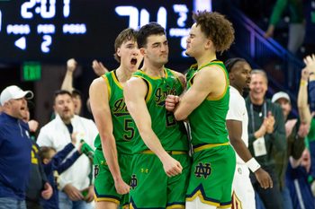 Feb 7, 2026; South Bend, Indiana, USA; Notre Dame Fighting Irish guard Braeden Shrewsberry, right, and Cole Certa (5) celebrate with guard Logan Imes, center, after he made a three-point basket during the second half at Purcell Pavilion at the Joyce Center. Mandatory Credit: Michael Caterina-Imagn Images