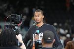 Feb 7, 2026; San Antonio, Texas, USA;  San Antonio Spurs forward Victor Wembanyama (1) gives an interview after the game against the Dallas Mavericks at Frost Bank Center. Mandatory Credit: Daniel Dunn-Imagn Images
