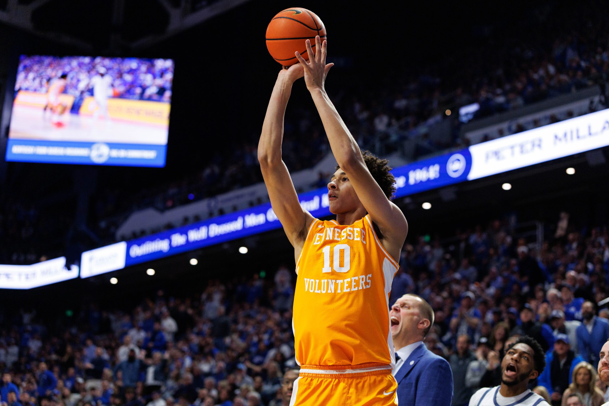 Feb 7, 2026; Lexington, Kentucky, USA; Tennessee Volunteers forward Nate Ament (10) scores a three-point basket during the first half against the Kentucky Wildcats at Rupp Arena at Central Bank Center. Mandatory Credit: Jordan Prather-Imagn Images