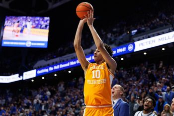 Feb 7, 2026; Lexington, Kentucky, USA; Tennessee Volunteers forward Nate Ament (10) scores a three-point basket during the first half against the Kentucky Wildcats at Rupp Arena at Central Bank Center. Mandatory Credit: Jordan Prather-Imagn Images
