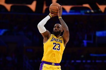 Feb 7, 2026; Los Angeles, California, USA; Los Angeles Lakers forward LeBron James (23) shoots against the Golden State Warriors during the first half at Crypto.com Arena. Mandatory Credit: Gary A. Vasquez-Imagn Images