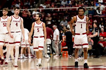 Feb 7, 2026; Stanford, California, USA;  Stanford Cardinal guard Ebuka Okorie (1) andguard Benny Gealer (5) and forward AJ Rohosy (4) and forward Aidan Cammann (52) enter the court after a time-out in the second half against the Georgia Tech Yellow Jackets  at Maples Pavilion. Mandatory Credit: John Hefti-Imagn Images