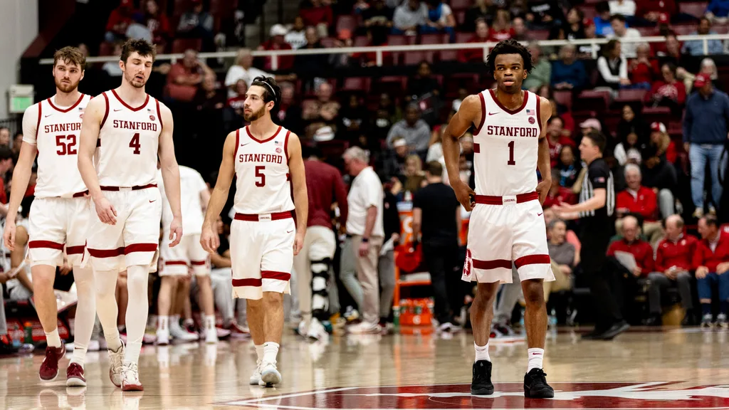 Feb 7, 2026; Stanford, California, USA; Stanford Cardinal guard Ebuka Okorie (1) andguard Benny Gealer (5) and forward AJ Rohosy (4) and forward Aidan Cammann (52) enter the court after a time-out in the second half against the Georgia Tech Yellow Jackets at Maples Pavilion. Mandatory Credit: John Hefti-Imagn Images