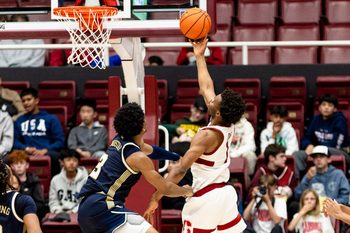 Feb 7, 2026; Stanford, California, USA; Stanford Cardinal guard Ebuka Okorie (1) shoots as Georgia Tech Yellow Jackets guard Jaeden Mustaf (3) defends during the second half at Maples Pavilion. Mandatory Credit: John Hefti-Imagn Images