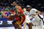 Feb 8, 2026; University Park, Pennsylvania, USA; Penn State Nittany Lions guard Kayden Mingo (4) reaches in to steal the ball away from Southern California Trojans guard Jordan Marsh (7) during the second half at Bryce Jordan Center. Mandatory Credit: Matthew O'Haren-Imagn Images