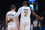 Feb 8, 2026; Boston, Massachusetts, USA; Boston Celtics guard Jaylen Brown (7) and guard Payton Pritchard (11) talk during a break against the New York Knicks in the second half at TD Garden. Mandatory Credit: David Butler II-Imagn Images