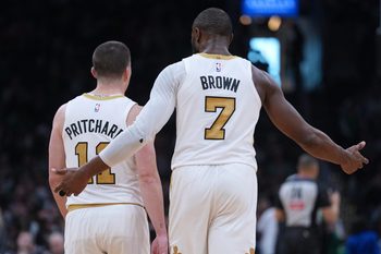 Feb 8, 2026; Boston, Massachusetts, USA; Boston Celtics guard Jaylen Brown (7) and guard Payton Pritchard (11) talk during a break against the New York Knicks in the second half at TD Garden. Mandatory Credit: David Butler II-Imagn Images