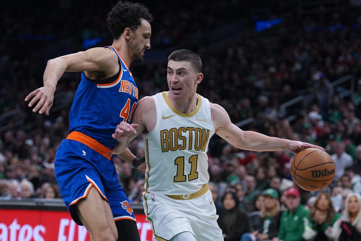 Feb 8, 2026; Boston, Massachusetts, USA; Boston Celtics guard Payton Pritchard (11) looks for an opening past New York Knicks guard Landry Shamet (44) in the second half at TD Garden. Mandatory Credit: David Butler II-Imagn Images