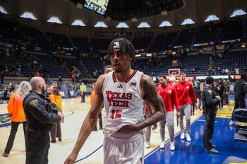 Feb 8, 2026; Morgantown, West Virginia, USA; Texas Tech Red Raiders forward JT Toppin (15) walks off the court after defeating the West Virginia Mountaineers at Hope Coliseum. Mandatory Credit: Ben Queen-Imagn Images