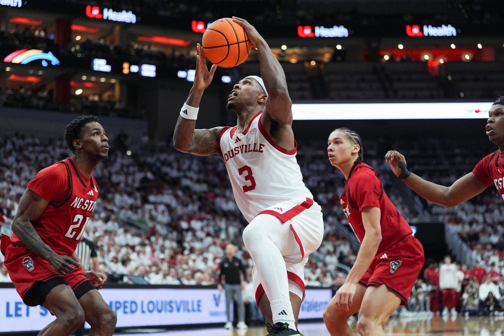Louisville Cardinals guard Ryan Conwell (3) scored 31 points during the Cards win over the N.C. State Wolfpack 118-77 at the KFC Yum! Center in downtown Louisville February 9, 2026.