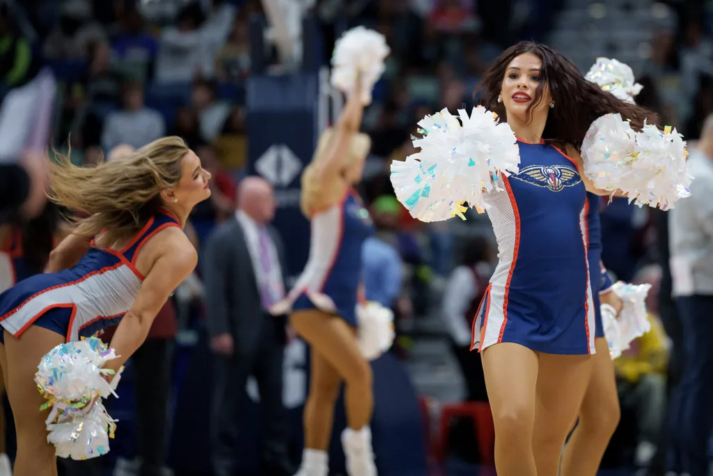 Feb 9, 2026; New Orleans, Louisiana, USA; A member of the New Orleans Pelicans PelSquad performs at Smoothie King Center. Mandatory Credit: Matthew Hinton-Imagn Images