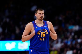 Feb 9, 2026; Denver, Colorado, USA; Denver Nuggets center Nikola Jokic (15) during the second quarter against the Cleveland Cavaliers at Ball Arena. Mandatory Credit: Ron Chenoy-Imagn Images