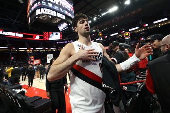 Feb 9, 2026; Portland, Oregon, USA;  Portland Trail Blazers forward Deni Avdija (8) heads to the locker room after the Trail Blazers defeat 76ers 135-118 during the second half at Moda Center. Mandatory Credit: Jaime Valdez-Imagn Images
