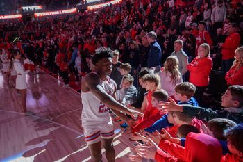 Young fans reach for Bradley's Jaquan Johnson during player introductions before the start of a college basketball game Monday, Feb. 9, 2026 at Carver Arena in Peoria. The Braves defeated the Belmont Bruins 95-84 in overtime.
