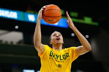Feb 10, 2026; Waco, Texas, USA;  Baylor Bears guard Cameron Carr (43) during warmups before the game against the BYU Cougars at Paul and Alejandra Foster Pavilion. Mandatory Credit: Chris Jones-Imagn Images