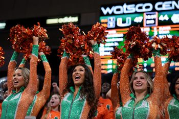 Feb 10, 2026; Coral Gables, Florida, USA; Miami Hurricanes cheerleaders celebrate against the North Carolina Tar Heels during the second half at Watsco Center. Mandatory Credit: Sam Navarro-Imagn Images