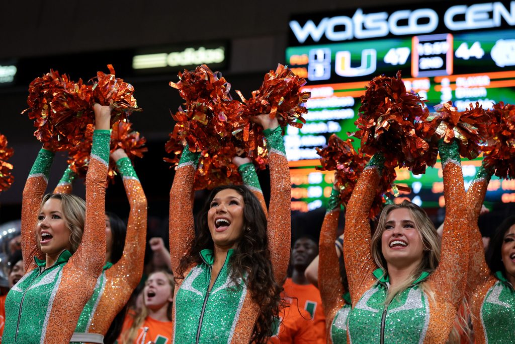 Feb 10, 2026; Coral Gables, Florida, USA; Miami Hurricanes cheerleaders celebrate against the North Carolina Tar Heels during the second half at Watsco Center. Mandatory Credit: Sam Navarro-Imagn Images