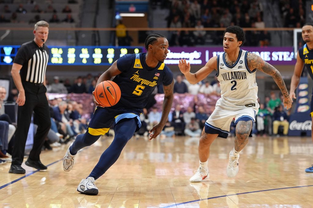 Feb 10, 2026; Villanova, Pennsylvania, USA; Marquette Golden Eagles guard Tre Norman (5) controls the ball against the Villanova Wildcats in the second half at William B. Finneran Pavilion. Mandatory Credit: Kyle Ross-Imagn Images