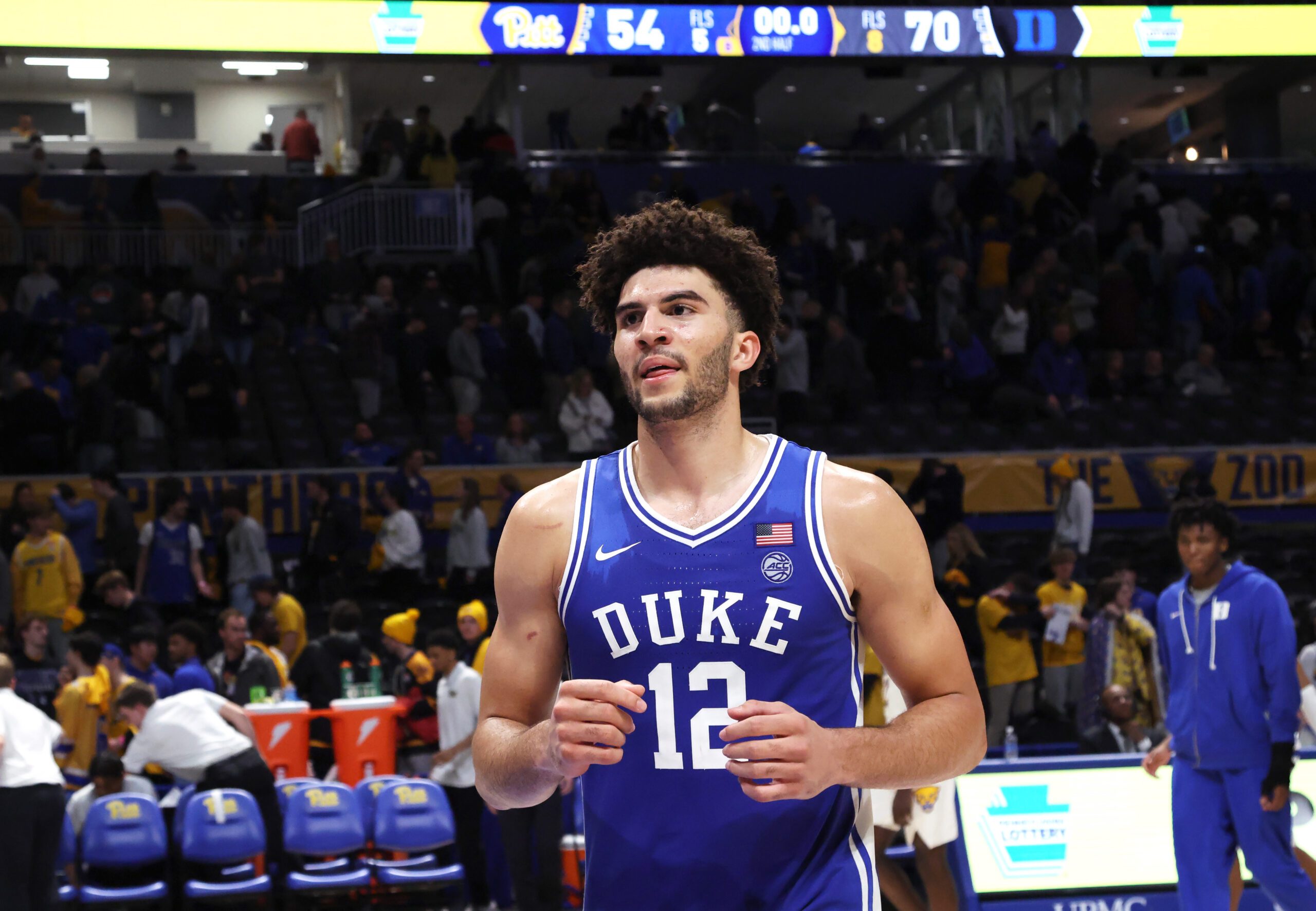 Feb 10, 2026; Pittsburgh, Pennsylvania, USA;  Duke Blue Devils forward Cameron Boozer (12) exits the court after defeating the Pittsburgh Panthers at Petersen Events Center. Mandatory Credit: Charles LeClaire-Imagn Images