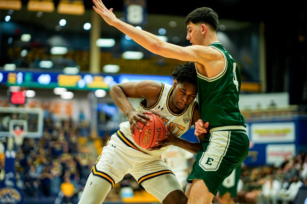Kent State University’s Delrecco Gillespie (23) drives to the basketball while guarded by Eastern Michigan University’s Mohammad Habhab (4), Feb. 11, 2026, at M.A.C. Center in Kent, Ohio.