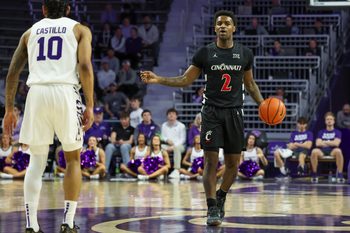 Feb 11, 2026; Manhattan, Kansas, USA; Cincinnati Bearcats guard Jizzle James (2) brings the ball up court against Kansas State Wildcats guard David Castillo (10) during the first half at Bramlage Coliseum. Mandatory Credit: Scott Sewell-Imagn Images