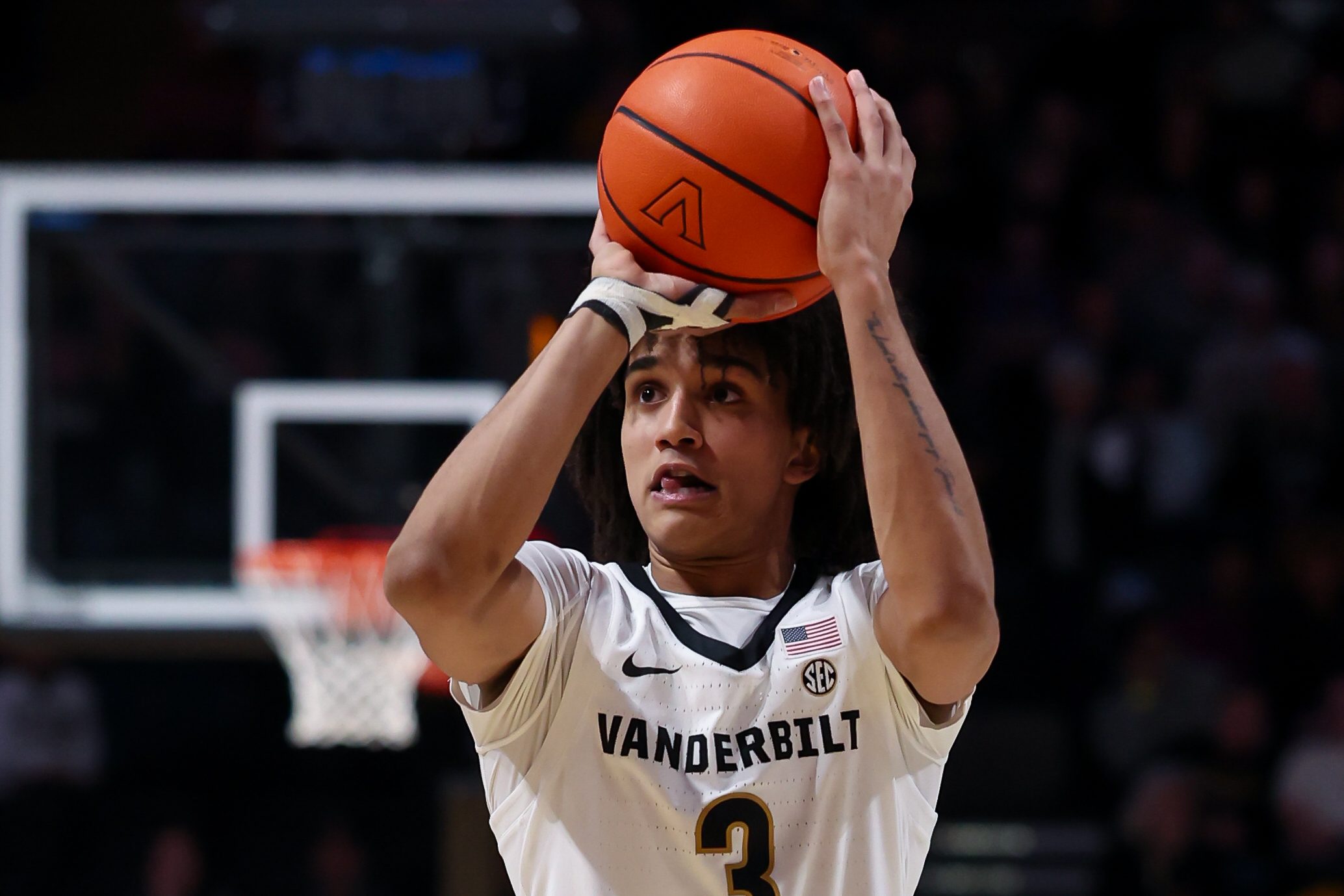 Feb 7, 2026; Nashville, Tennessee, USA;  Vanderbilt Commodores guard Tyler Tanner (3) shoots the ball against the Oklahoma Sooners during the second half at Memorial Gymnasium. Mandatory Credit: Steve Roberts-Imagn Images