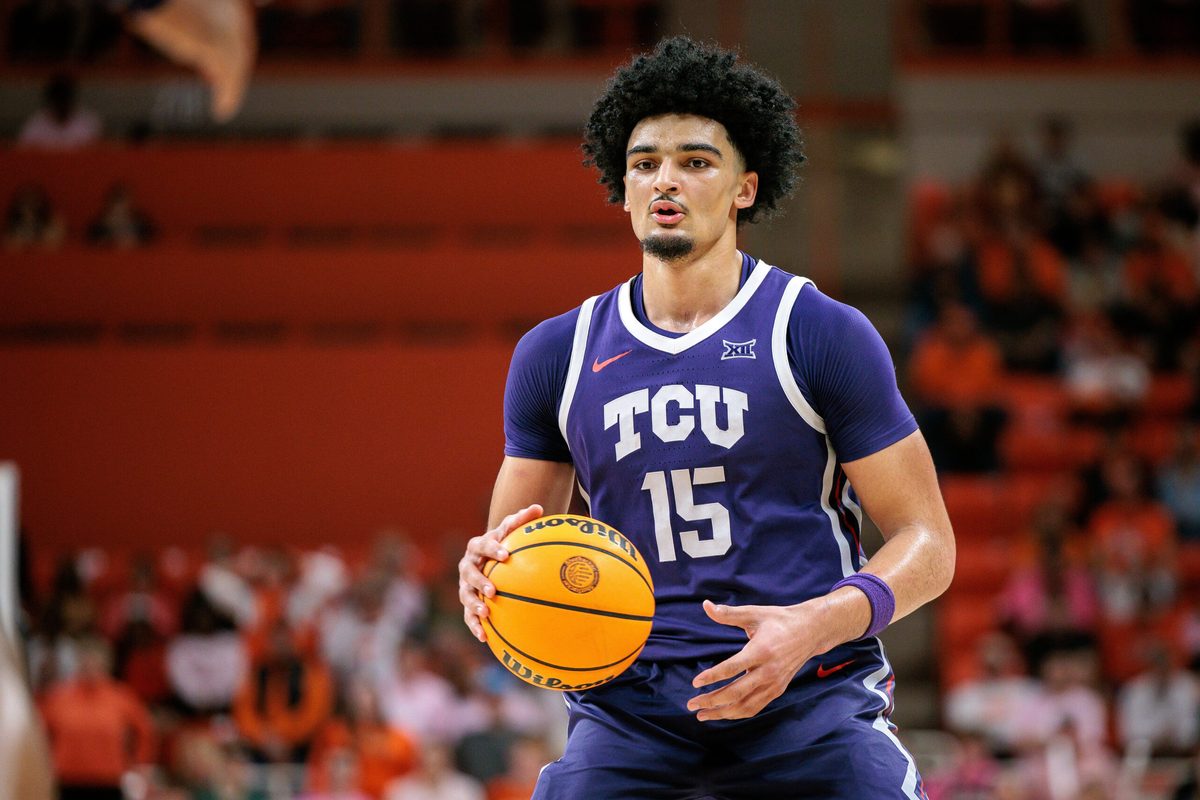 Feb 14, 2026; Stillwater, Oklahoma, USA; TCU Horned Frogs forward David Punch (15) sets the play during the second half against the Oklahoma State Cowboys at Gallagher-Iba Arena. Mandatory Credit: William Purnell-Imagn Images
