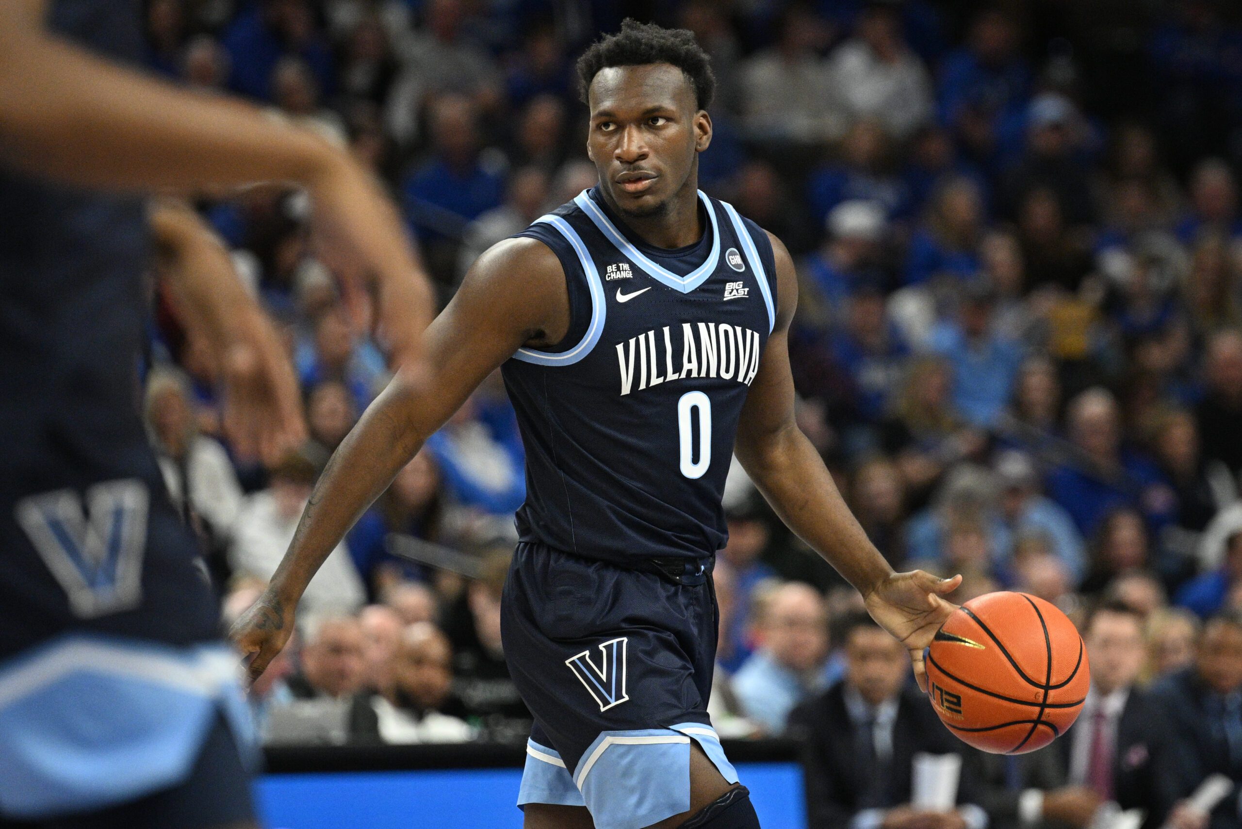 Feb 14, 2026; Omaha, Nebraska, USA;  Villanova Wildcats guard Chris Jeffrey (0) dribbles against the Creighton Bluejays during the first half at CHI Health Center Omaha. Mandatory Credit: Steven Branscombe-Imagn Images
