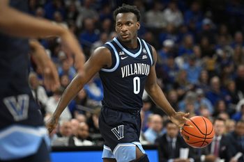 Feb 14, 2026; Omaha, Nebraska, USA;  Villanova Wildcats guard Chris Jeffrey (0) dribbles against the Creighton Bluejays during the first half at CHI Health Center Omaha. Mandatory Credit: Steven Branscombe-Imagn Images
